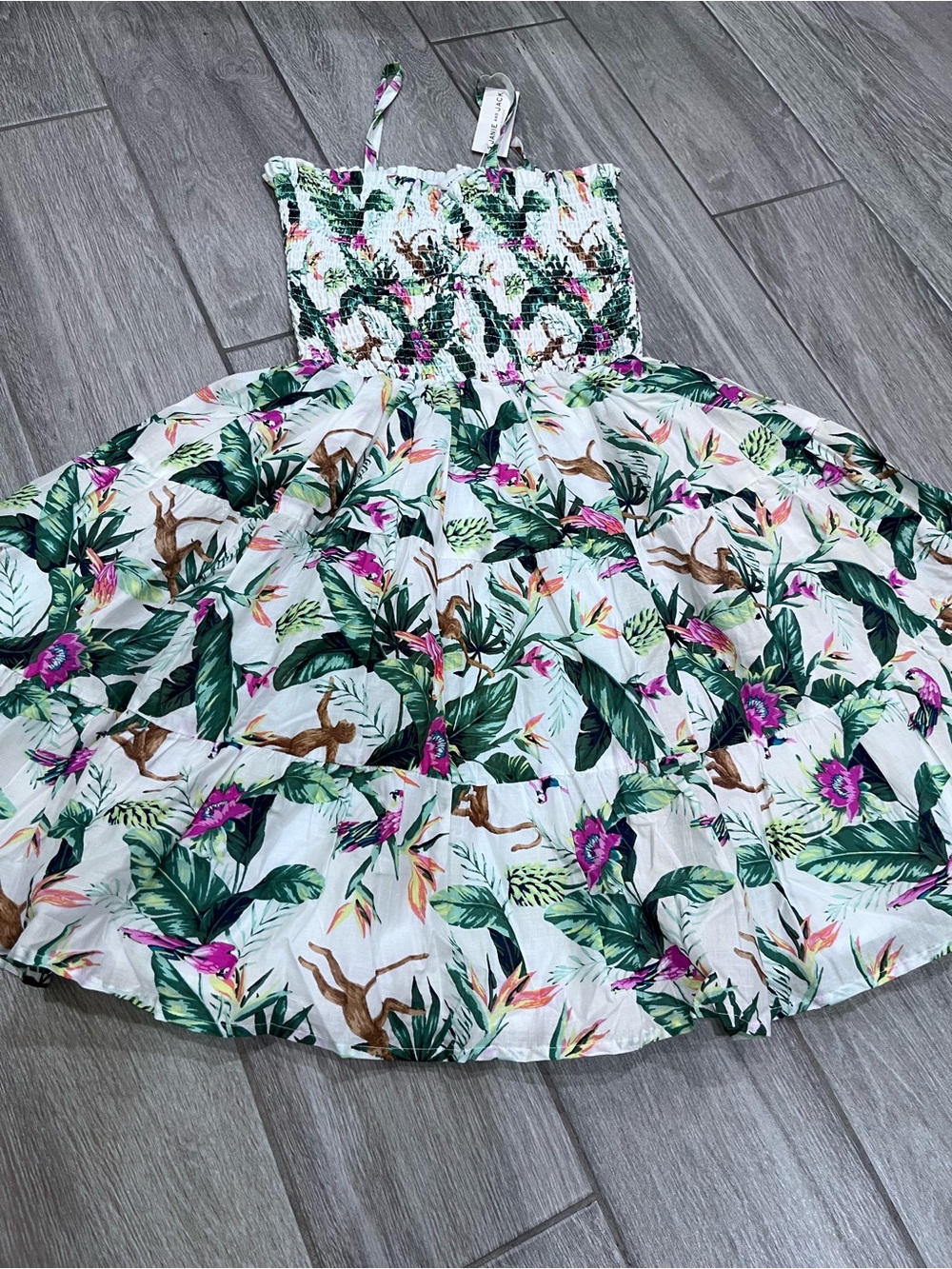 Janie and Jack White Tropical Smocked Dress with Green & Pink Print